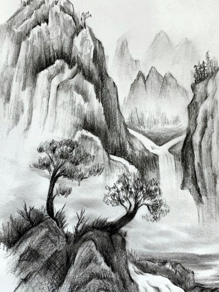 素描山水画，静谧与灵动的艺术之旅